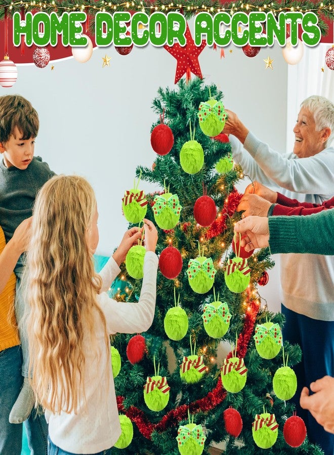 Vynium 24 Pcs Red Green Furry Christmas Ball Ornaments, 3.15 Inch Large Decor Ball with Bows, Christmas Hanging Decorations Lime Green Soft Faux Fur Pom Pom Balls Decor for Xmas Tree Party Supplies - Image 5
